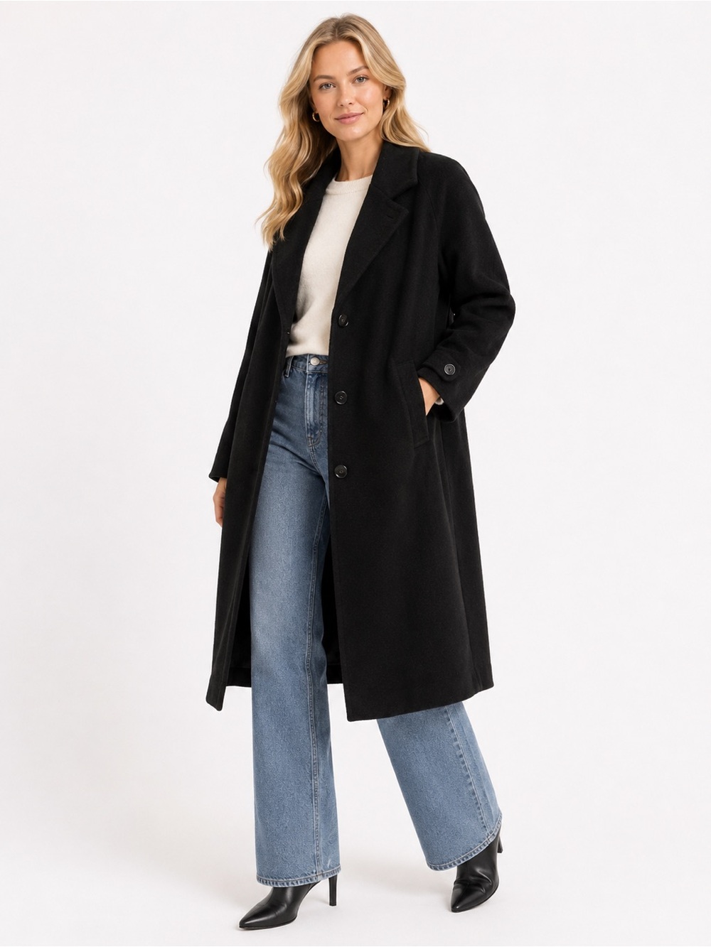 Julia Klein 100% Wool Vintage Size 10 Classic Black Long Wool-Blend Coat - Women
